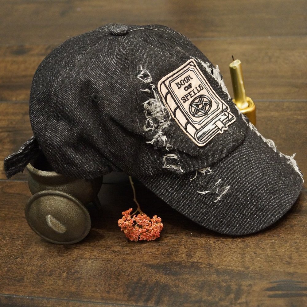 Distressed Denim Baseball Cap Witch Book Spells NEW Upcycle Handmade One & Only